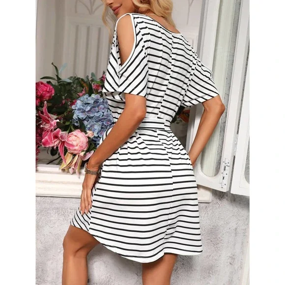 preppy Cold Shoulder Striped Belted Dress black white - Picture 3 of 10